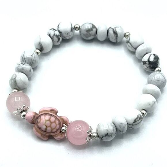 Crystal beaded stretch bracelet ONE NEW rose quartz howlite turtle reiki meditat - Picture 1 of 9